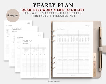 2023 Quarterly Planner Printable Inserts auf 4 Seiten | Quarterly Work & Life To Do List Template | Vierteljährliche Übersicht | A4 A5 Letter Half