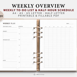 Weekly Planner 2 Pages Refill | Weekly To Do List | Half-Hour Weekly Schedule | Weekly Overview | Vertical Weekly Planner Printable