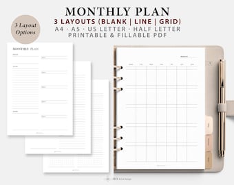 Monthly Planner Inserts A5 A4 Letter Half | Monthly Overview Printable | Monthly Calendar Template | Month at a Glance Calendar 2 Pages