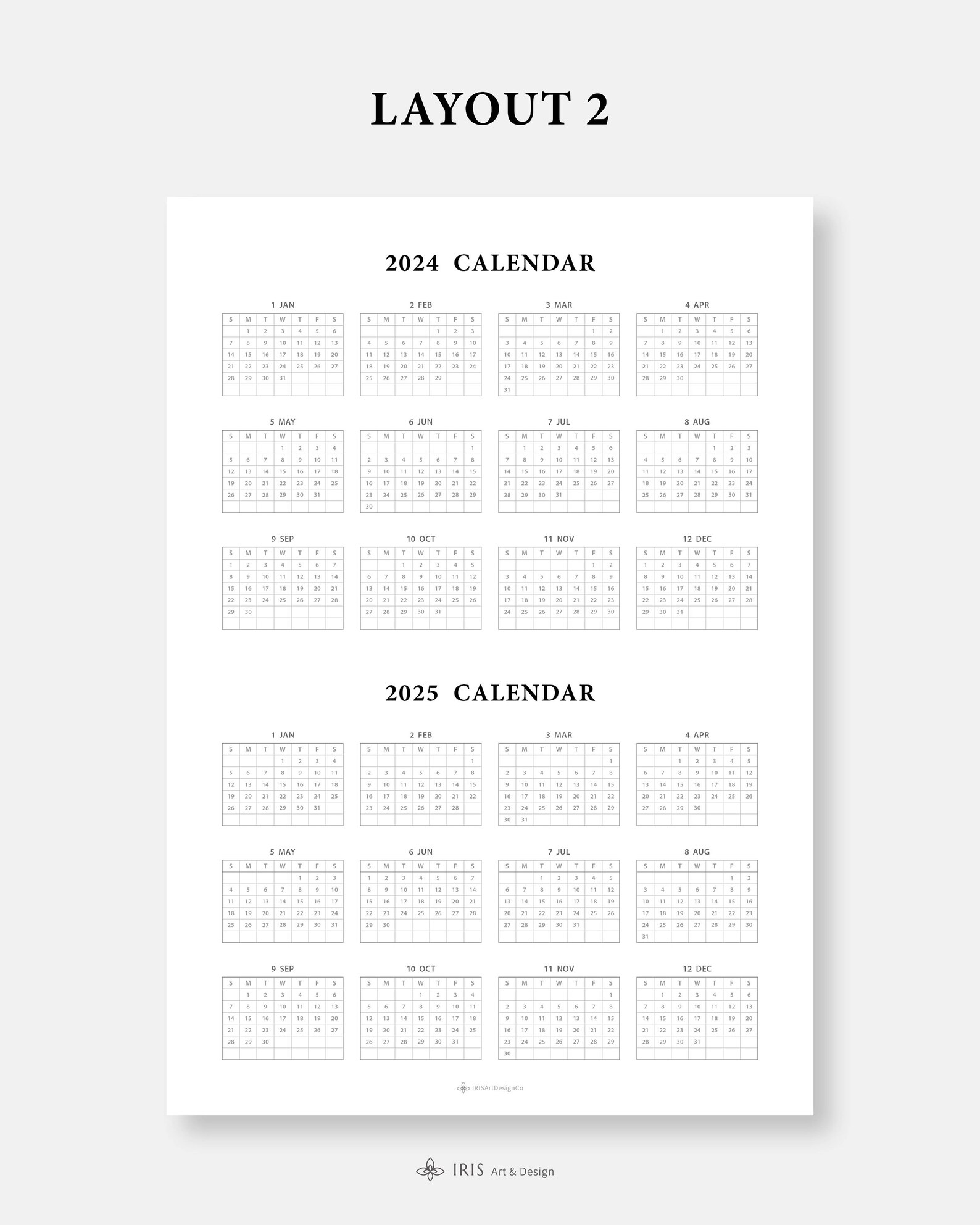2025 2025 Year at a Glance Calendar Printable Two Year Calendar