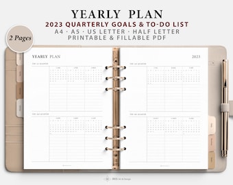 2023 Quarterly Planner Printable on 2 Pages | Quarterly Overview | Quarterly Goals & To Do List | Annual Planner Inserts | A4 A5 Letter Half