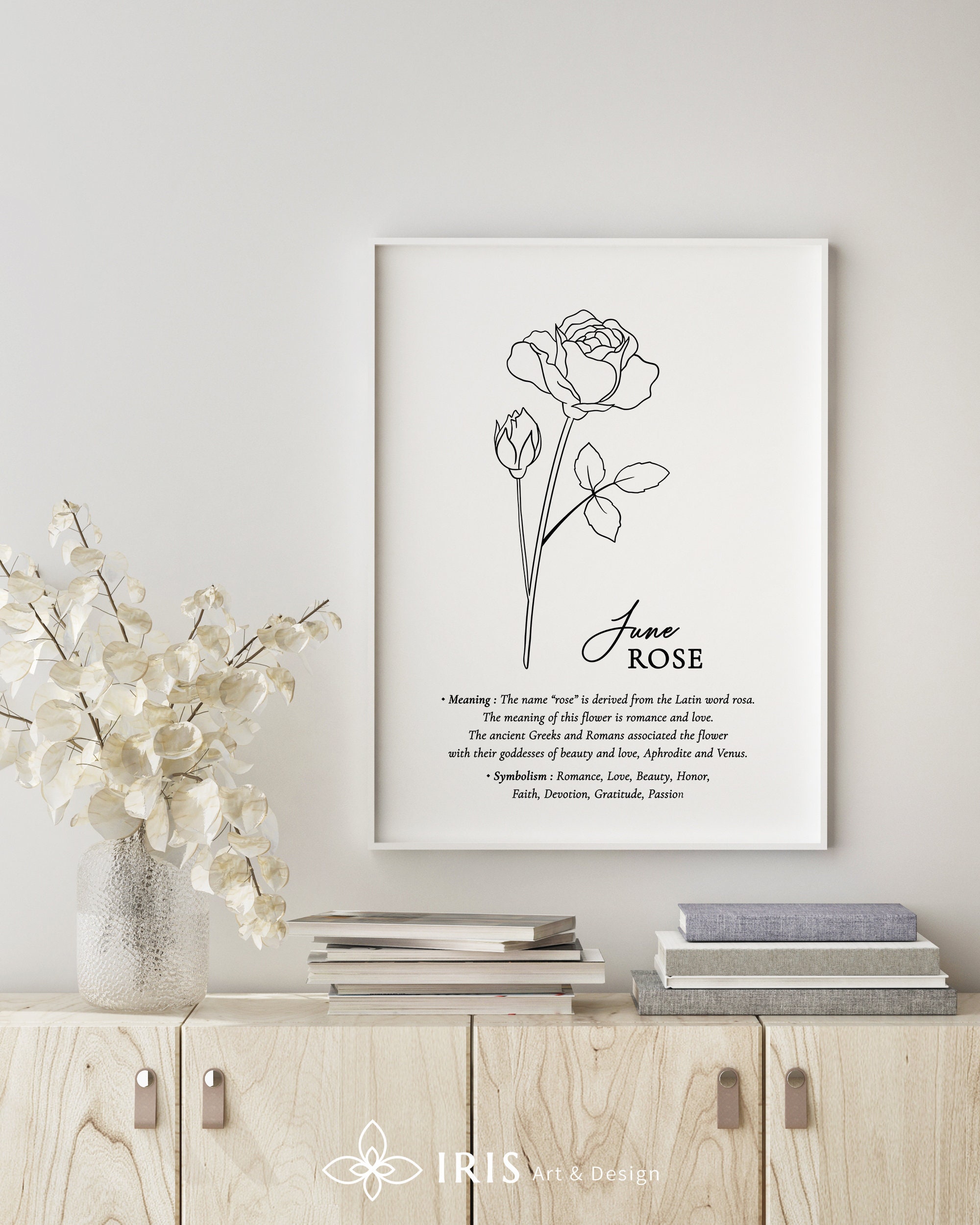 Birth Month Flower Print, Printable Wall Art, June Birth Month, Rose ...