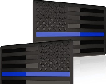 Muzzys (Set of Two) 3"x5" All Black Thin Blue Line Embossed Left&Right American Flag Decal Emblem Sticker Badge Back the Blue United States