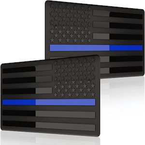 Muzzys (Set of Two) 3&quot;x5&quot; All Black Thin Blue Line Embossed Left&Right American Flag Decal Emblem Sticker Badge Back the Blue United States