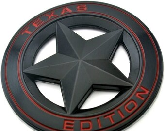Texas Edition Star BLACK and RED Round 3" Shield Emblem Badge Universal Stick On FITS Tundra Tacoma F150 Silverado Door Tailgate Fender
