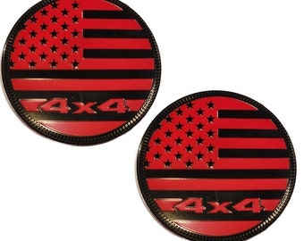 TWO- 4x4 Metal 3D American Flag Emblems 2.4" Black & Red Round USA Fender Badge Fits Jeep Wrangler Cherokee Liberty Trail Rated yj tj jk jl