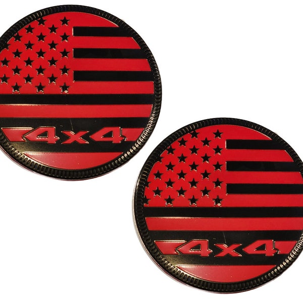 TWO- 4x4 Metal 3D American Flag Emblems 2.4" Black & Red Round USA Fender Badge Fits Jeep Wrangler Cherokee Liberty Trail Rated yj tj jk jl