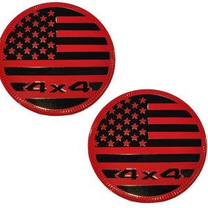 TWO- 4x4 Metal 3D American Flag Emblems 2.4&quot; Red & Black Round USA Fender Badge Fits: Jeep Wrangler Cherokee Liberty yj tj jk jl Trail Rated