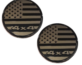 TWO- 4x4 Metal 3D American Flag Emblems 2.4" All Black Round USA Fender Badge Fits Jeep Wrangler Cherokee Liberty Trail Rated yj tj jk jl