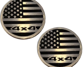 TWO- 4x4 Metal 3D American Flag Emblems 2.4" Chrome Black Round USA Fender Badge Fits Jeep Wrangler Cherokee Liberty Trail Rated yj tj jk jl