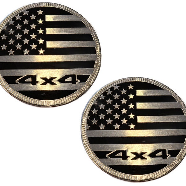 TWO- 4x4 Metal 3D American Flag Emblems 2.4" Chrome Black Round USA Fender Badge Fits Jeep Wrangler Cherokee Liberty Trail Rated yj tj jk jl