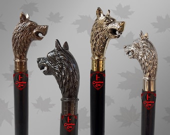 Victorian Wolf Head Wooden Cane - Classic brass handle wooden shaft Walking Cane for men women ladies gentleman Vintage style