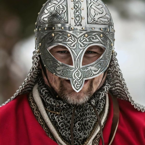 Casque viking médiéval armure Vendel casque gravé en acier avec cotte de mailles Viking, casque de chevalier adulte | Costumes médiévaux | Taille unique