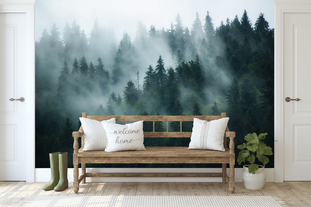 Buy Foggy Forest Wallpaper, Misty Pine Tree Mural, Peel and Stick ...