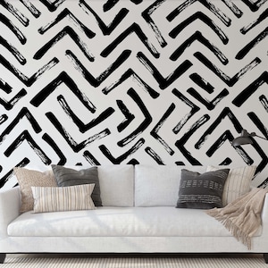 Modern delicate herringbone wallpaper in black and white, Scandinavian design, removable self adhesive peel and stick