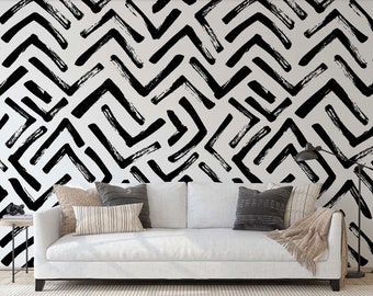 Modern delicate herringbone wallpaper in black and white, Scandinavian design, removable self adhesive peel and stick