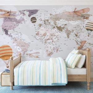 Kids Map Wallpaper Nursery Room Decor, Kids Wallpaper Peel and Stick Self Adhesive Soft World Map Wall Mural