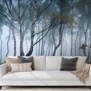 Forest With Trees in Fog Removable Wallpaper | Peel and Stick Forest Mural | Forest Wall Mural