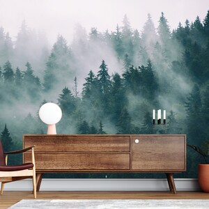 Forest Wallpaper  Foggy Nature Wall Mural Peel and Stick Self Adhesive Forest Mural Living Room, Landscape Mural, Mountains, Wall Decoration