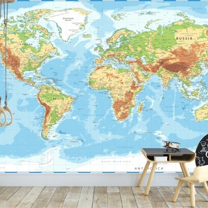 Welt Physische Geografie Karte Peel and Stick Selbstklebende Tapete abnehmbar große Karten Tapete Wohnzimmer Young Room Cafe