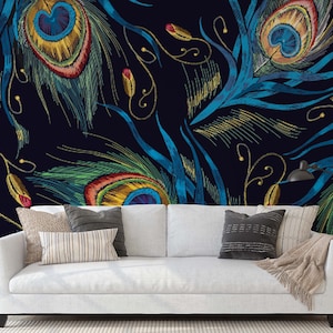 Feather Wallpaper Self Adhesive Peel and Stick, Peacock Feather Wall Mural