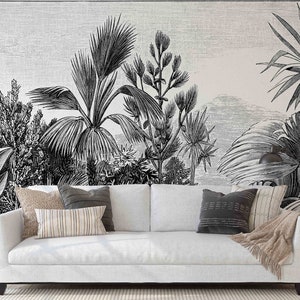 Vintage tropical Wallpaper Peel and Stick Self Adhesive banana palm tree Wall Mural Removable Large Black and white Floral Tropical