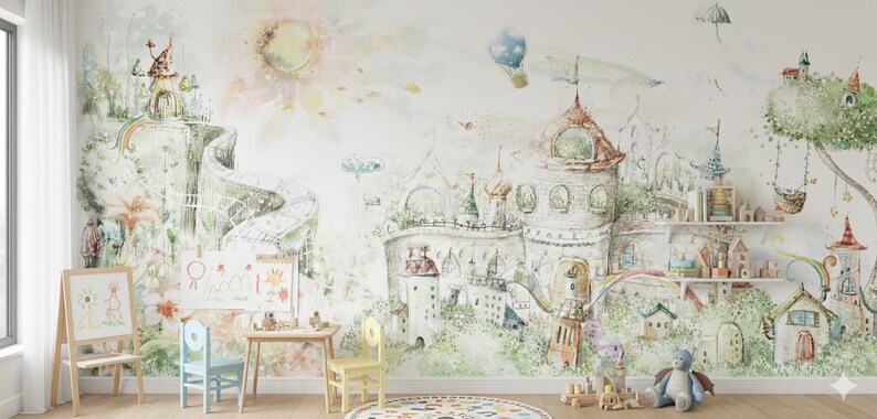 Pastel Castle Wallpaper | Fairy Tale Watercolor Mural, Kids Room - Etsy ...