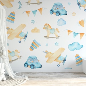Kids Wallpaper, Peel and Stick, Car,Horse, Airplane Themed Removable Wallpaper, Nursery Wallpaper, Wallpaper