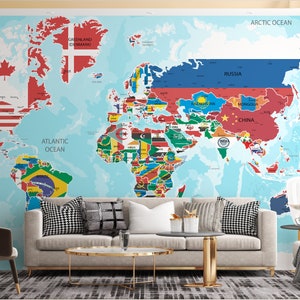 World Map Wallpaper, Countries and Flags, Modern-Day Political Map, Continental Murals, Self Adhesive, Peel and Stick, Texture