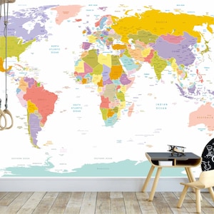 World map Wallpaper- Self Adhesive- Peel and Stick- Kids Bedroom Wallpaper