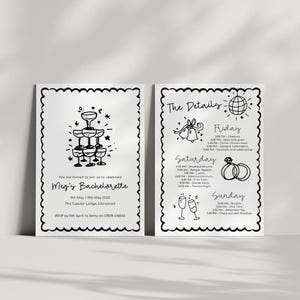 Convite para despedida de solteira ilustrado e divertido: cartão personalizado para comemoração de fim de semana de despedida de solteira - modelo editável Corjl