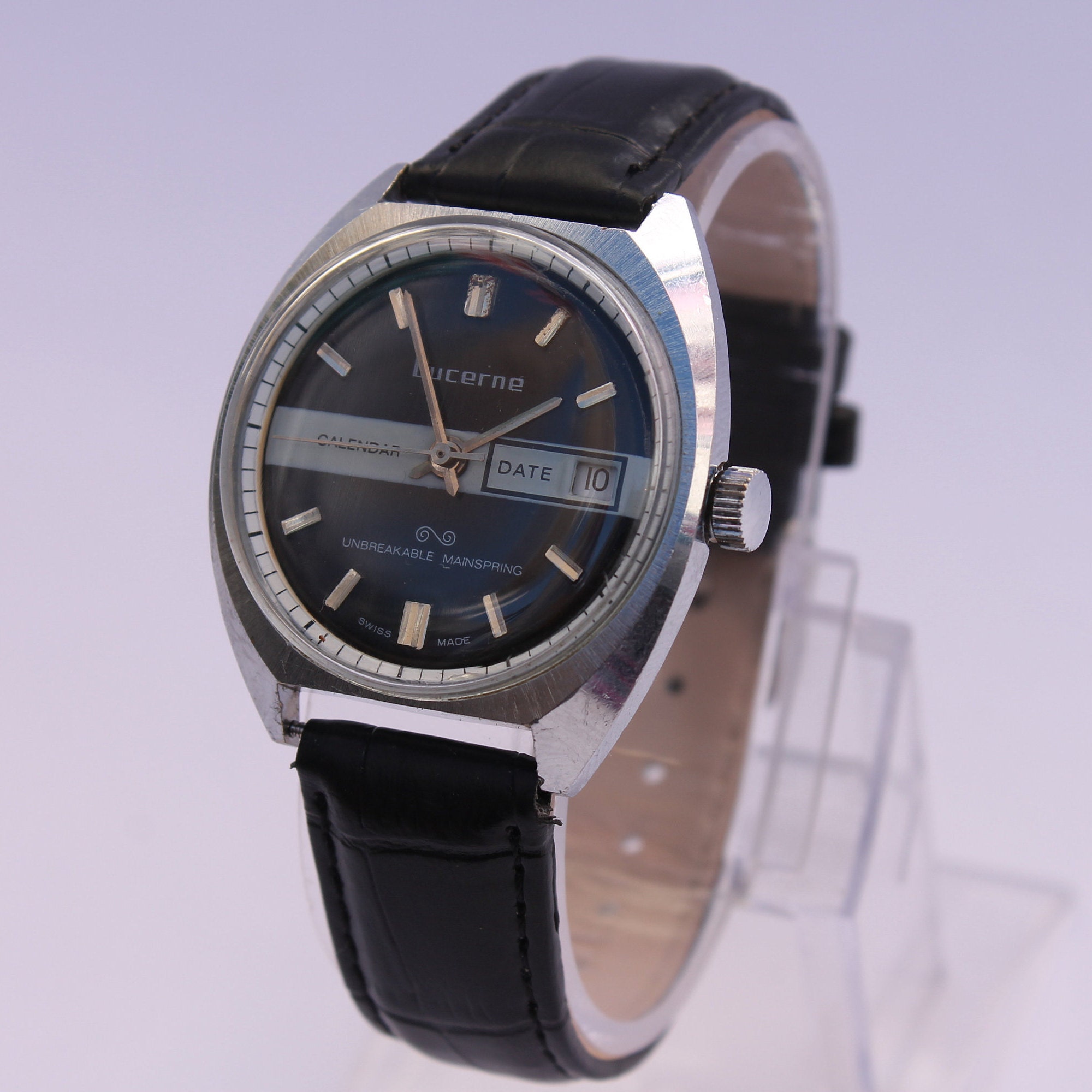 Vintage LUCERNE Calendar Watch Hand Winding Mens Date Black Etsy