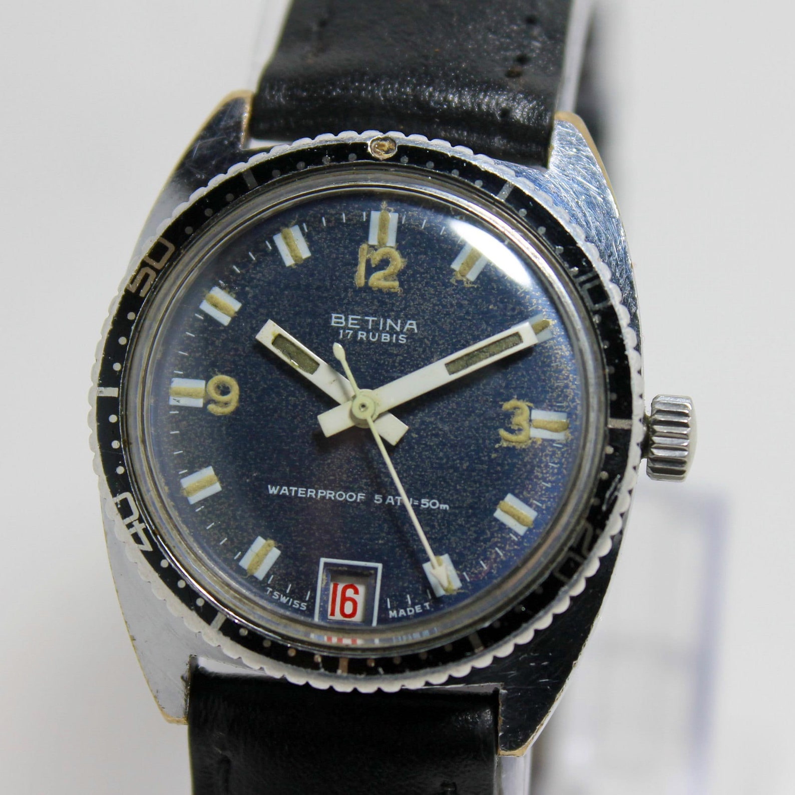 Montre Vintage Automatique Betina Suisse Années 60-70 - Dorée, Bracelet Cuir Bleu, Fonctionne