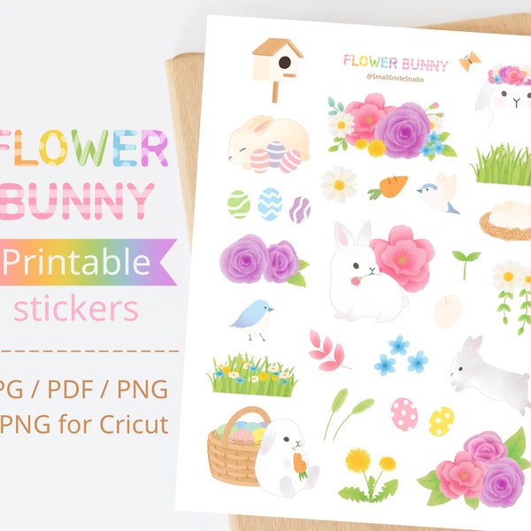 Flower Bunny Printable Stickers | for Planner, Bujo, Scrapbook, Card Making.. | Digital Download | Flower, Floral, Rabit, Spring, Easter