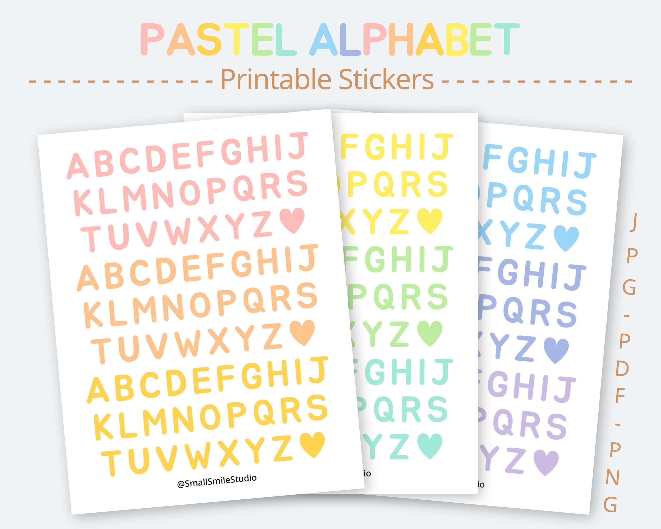 Pastel Alphabet Printable Stickers 3 Sheets Planner, Journal Stickers  Digital Instant Download Letter, A-Z, ABC, Rainbow 