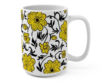 Taza floral amarilla, taza de flores silvestres, taza floral de arte popular, taza de flores, regalo para ella, regalo amante de las flores, taza de café con leche, taza de café de cerámica de 15 oz