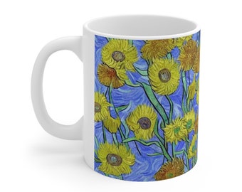 Yellow Floral Mug, Sunflowers Mug, Yellow Flowers Mug, Floral Coffee Mug, Flower Lover Gift, Blue Floral Tea Cup, Ceramic Coffee Mug 11oz