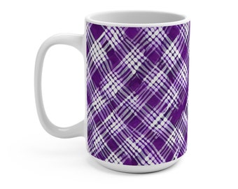Purple Plaid Design Mug, Purple Coffee Mug, Gift For Her, Gift For Him, Latte Mug, Large Mug, 15oz Ceramic Coffee Mug, Coffee Lover Gift