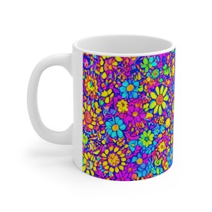 Psychedelic Floral Mug, Boho Wildflowers Mug, Pink Floral Mug, Retro Coffee Mug, Yellow Floral Mug, Blue Floral Mug, Ceramic Coffee Mug