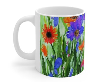 Watercolor Floral Mug, Purple Floral Mug, Orange Floral Mug, Boho Wildflowers Mug, Floral Coffee Mug, Ceramic Coffee Mug Pink Green
