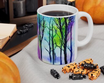 Watercolor Trees Mug, Whimsical Coffee Mug, Nature Lover Gift, Botanical Mug,  Whimsical Mug, 11oz Ceramic Coffee Mug Blue Green Purple