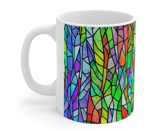 11oz Ceramic Coffee Mug Stained Glass Style Design Multicolor Blue Purple Green