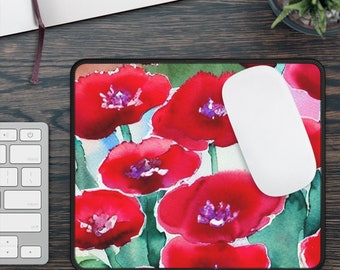 Watercolor Floral Mousepad, Red Floral Mousepad, Wildflowers Mousepad, Red Flowers Mousepad, Boho Floral Mousepad, Floral Gaming Mousepad