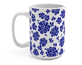 Boho Blue Wildflowers Floral Mug, Folk Art Flowers Mug, Floral Coffee Mug, Flower Lover Gift, 15oz Ceramic Coffee Mug Tea Cup