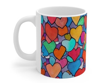 Hearts Coffee Mug, Whimsical Hearts Mug, Valentine's Day Mug, Heart Mug, Gift For Her, 11oz Ceramic Coffee Mug Red Blue Purple Yellow Orange