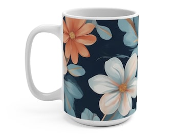 Blue Flowers Mug, Orange Floral Coffee Mug, White Blossoms Coffee Cup, Floral Teacup, Large Ceramic Coffee Mug 15oz, Coffee Lover Gift