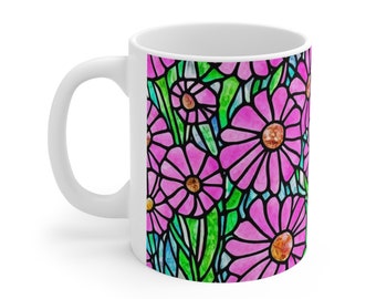 Pink Daisies Mug, Pink Floral Mug, Pink Daisy Mug, Pink Flowers Mug, Floral Coffee Mug, Botanical Mug, Stained Glass Style Design