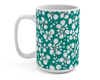 White Floral Mug, Blue Floral Mug, Turquoise Mug, Gift For Her, Flower Lover Gift, Botanical Mug, Latte Mug, 15oz Ceramic Coffee Mug