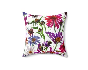 Purple Pink Blue Floral Decorative Pillow, Boho Home Decor, Gift for Her, Couch Cushion, Flower Throw Pillow, Spring Decor, Wildflowers