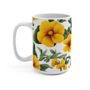 Yellow Floral Mug, Folk Art Floral Mug, Yellow Wildflowers Coffee Cup, Boho Floral Tea Cup, Ceramic Coffee Mug 15 oz, Coffee Lover Gift